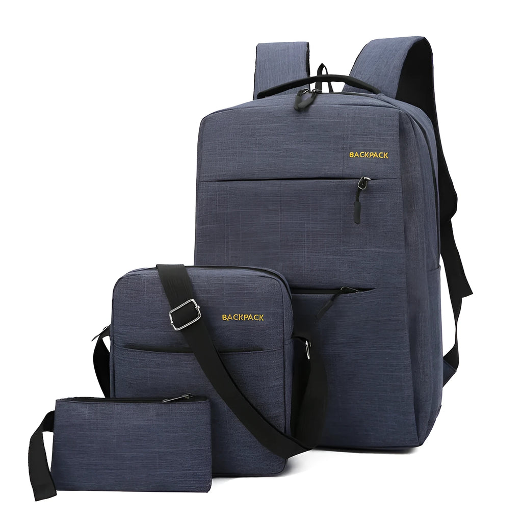 Three square men's nylon computer bags in different colours, showing internal organiser compartments and a USB charging port.