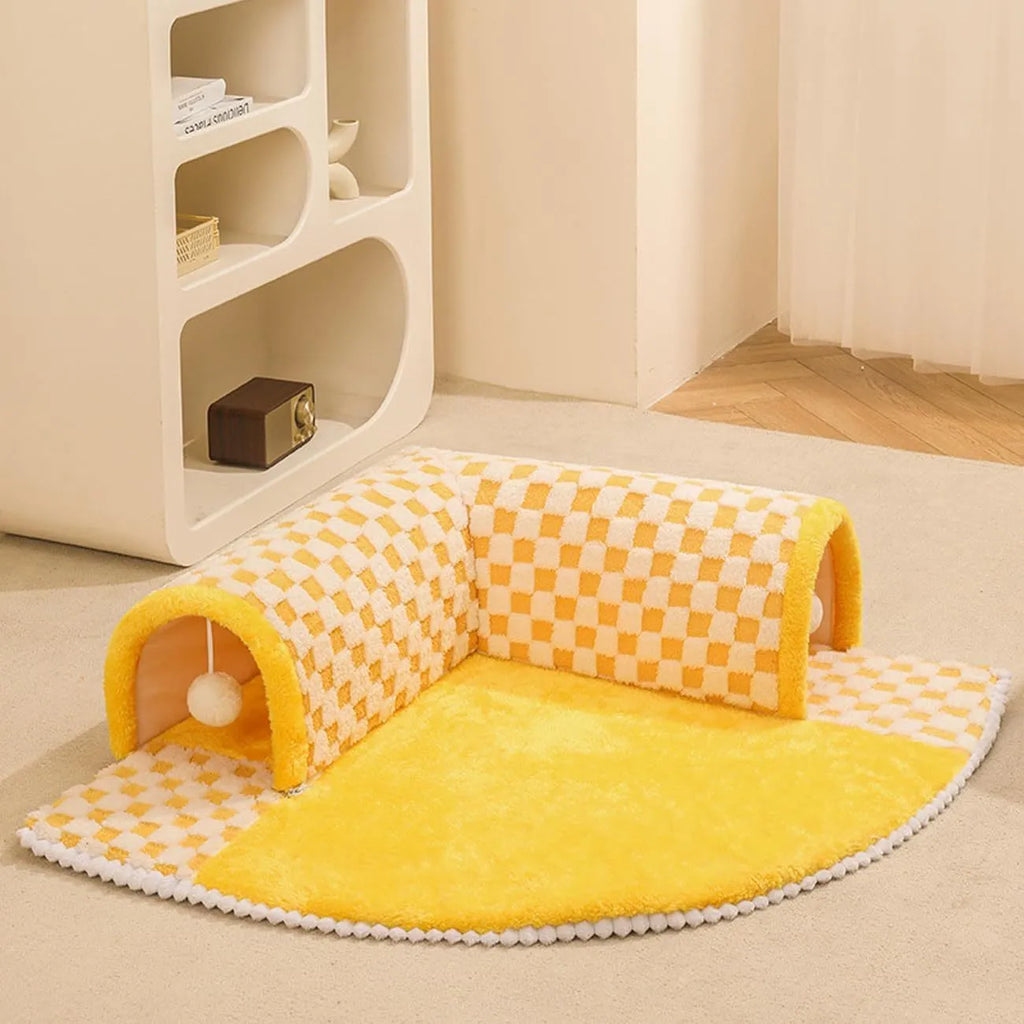 Fan-shaped plaid pet bed with attached tunnel for dogs and cats, coffee colour option