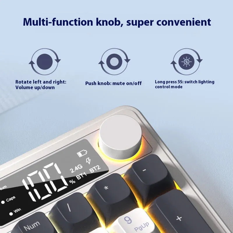Wireless mechanical feel keyboard and mouse combo in blue white colour scheme showing 94-key layout