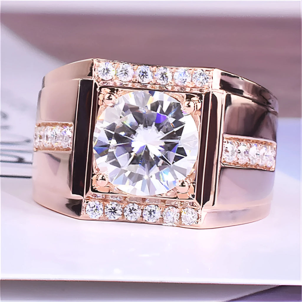 Men's adjustable copper ring with imitation moissanite stones in geometric pattern