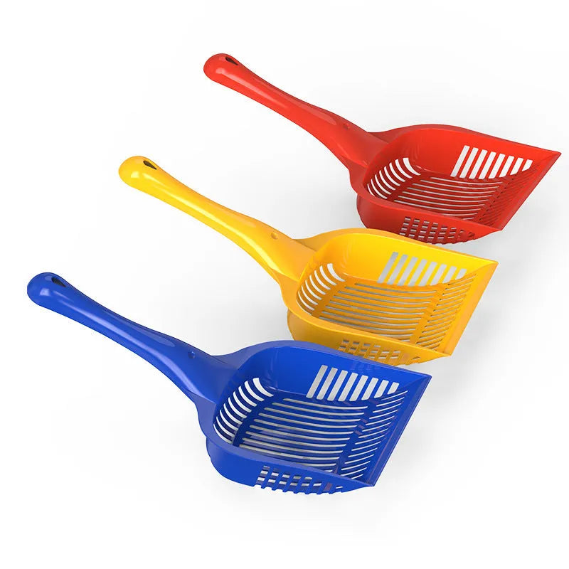 Red plastic cat litter scoop with deep sifting bowl and handle next to a yellow scoop.