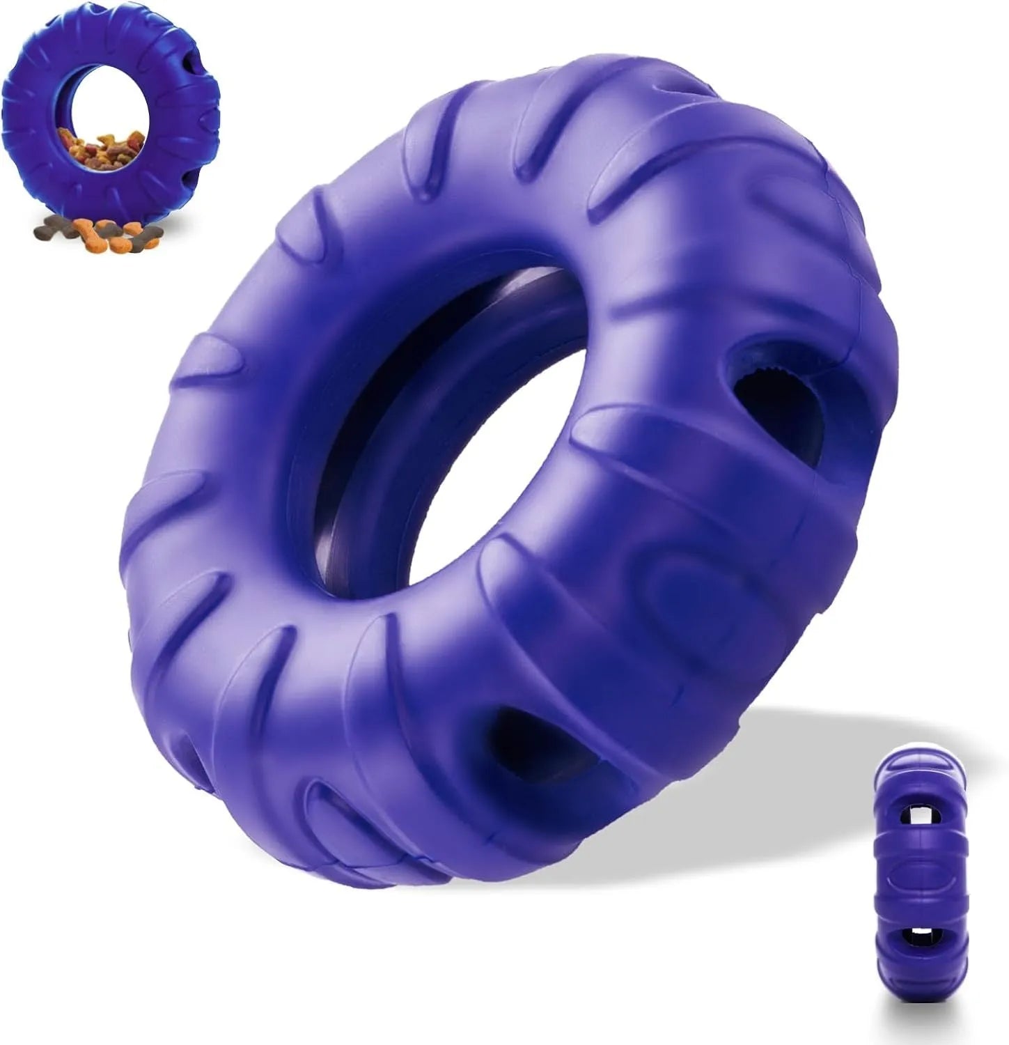 Blue natural rubber tyre-shaped dog chew toy and slow feeder with oval openings for treat dispensing.