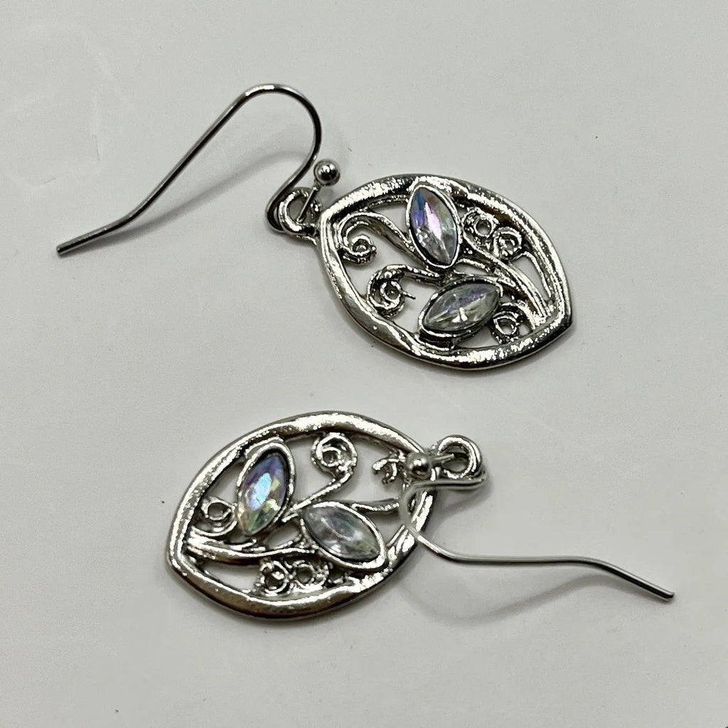 Silver-coloured alloy leaf earrings with embedded colourful moonstone gemstones for women.