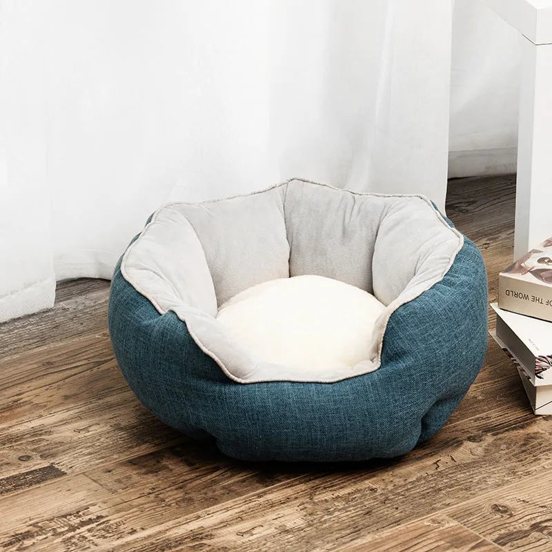 Blue octagonal pet bed with raised sides and removable mats for cats and small dogs