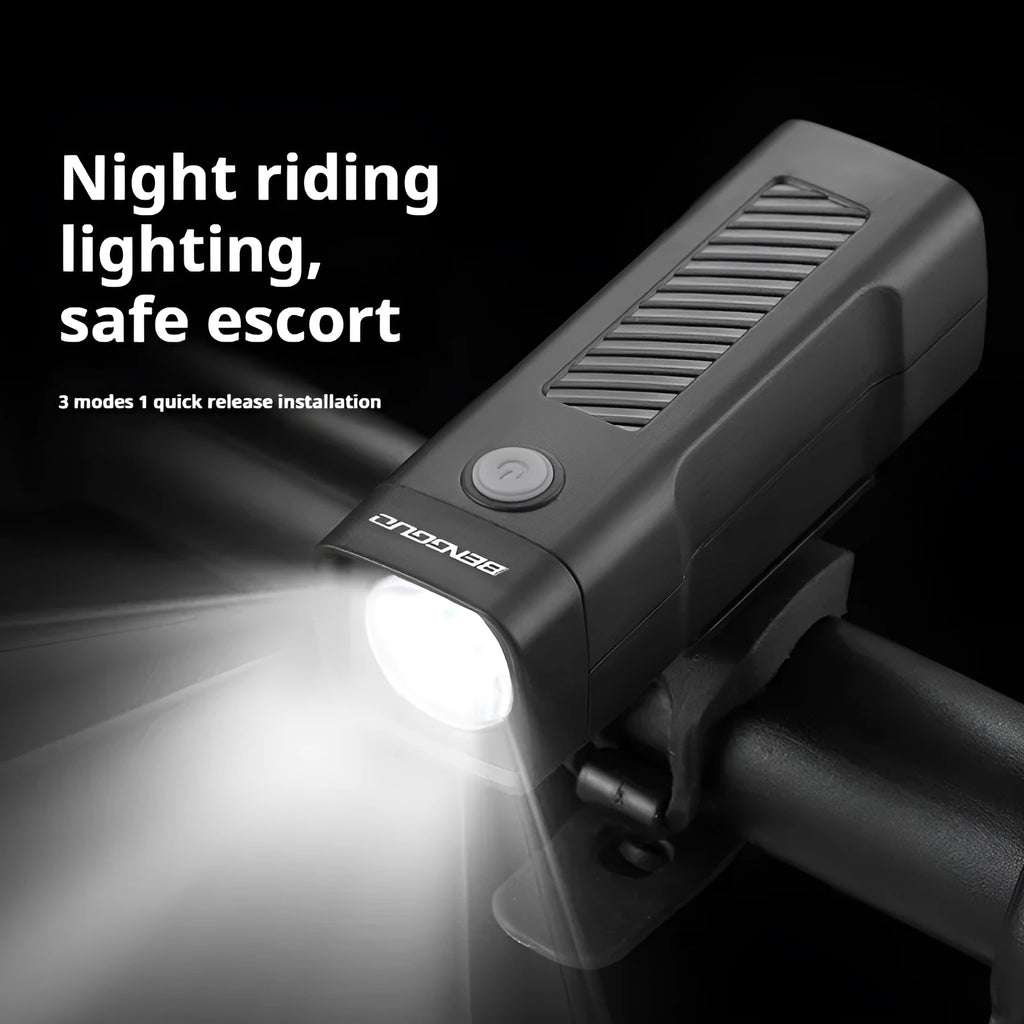 USB rechargeable bicycle headlight with quick-release strap bracket mounted on handlebars