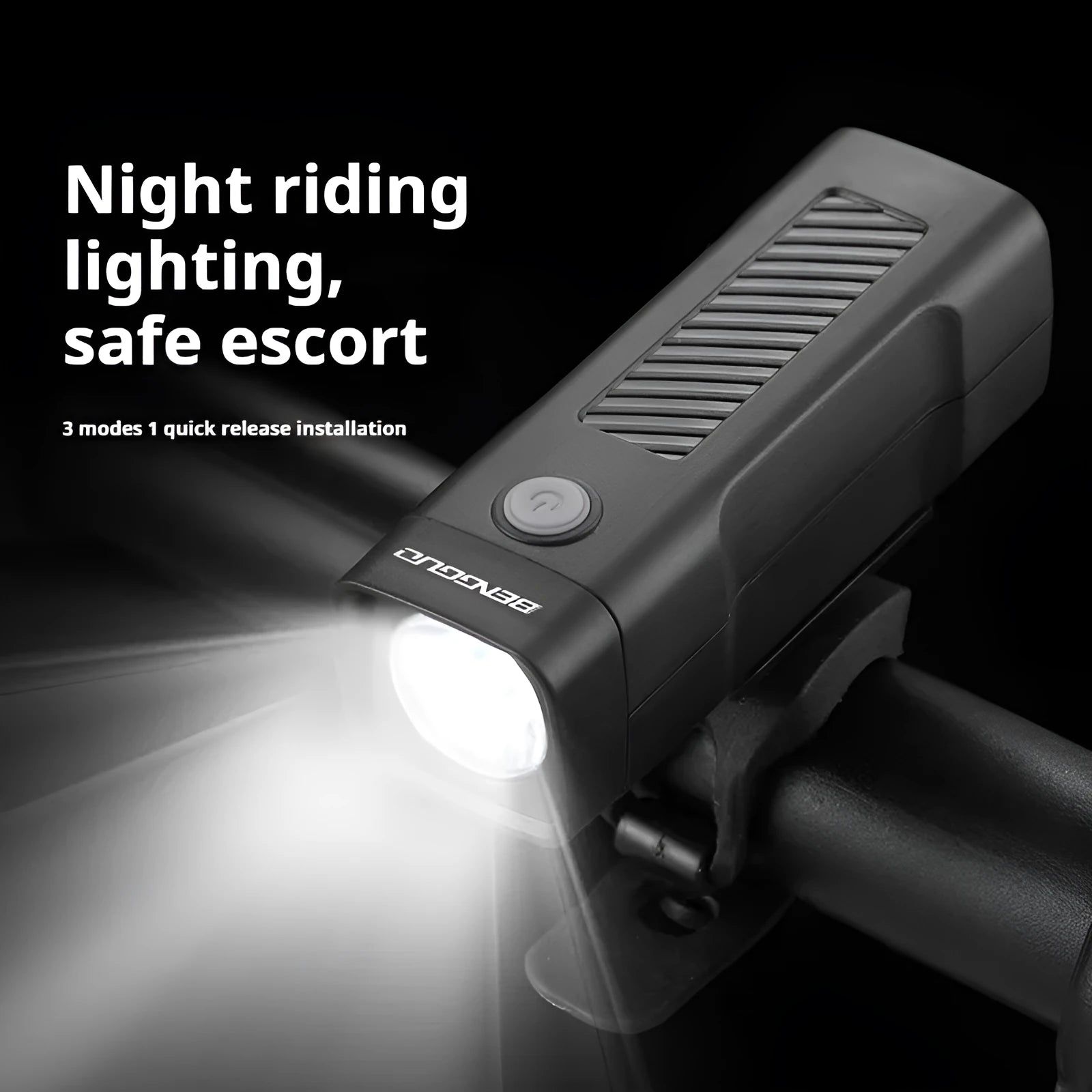 USB rechargeable bicycle headlight with quick-release strap bracket mounted on handlebars
