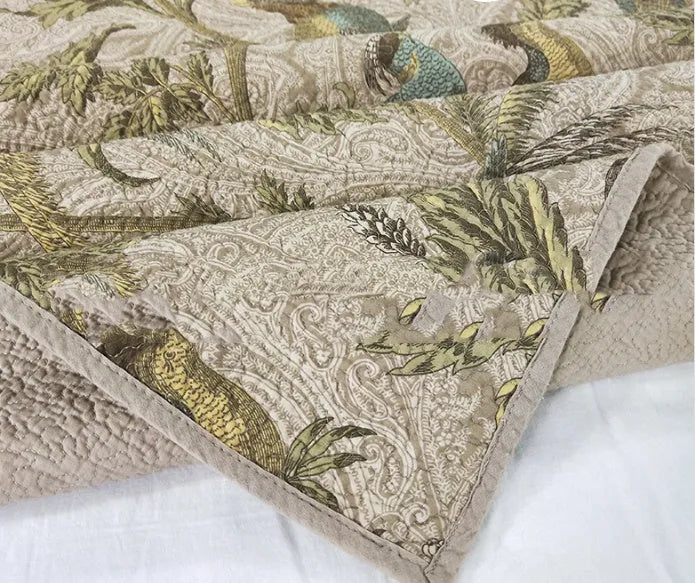 Blue cotton bedspread with floral patterns and quilted texture in American style bedding set