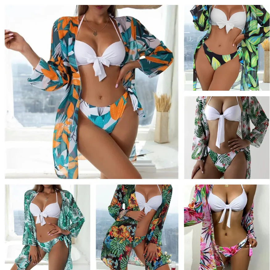 Women's three-piece mesh bikini set with split design top, pants and cover-up coat in polyester fabric
