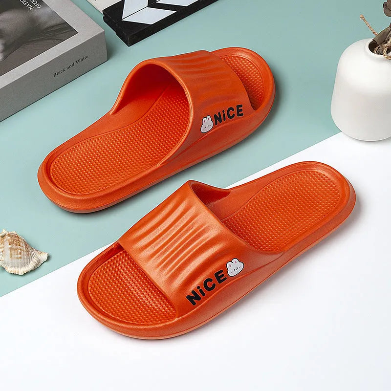Cartoon pattern EVA flip flop slippers for adults on a plain background, showing non-slip sole and colour options.