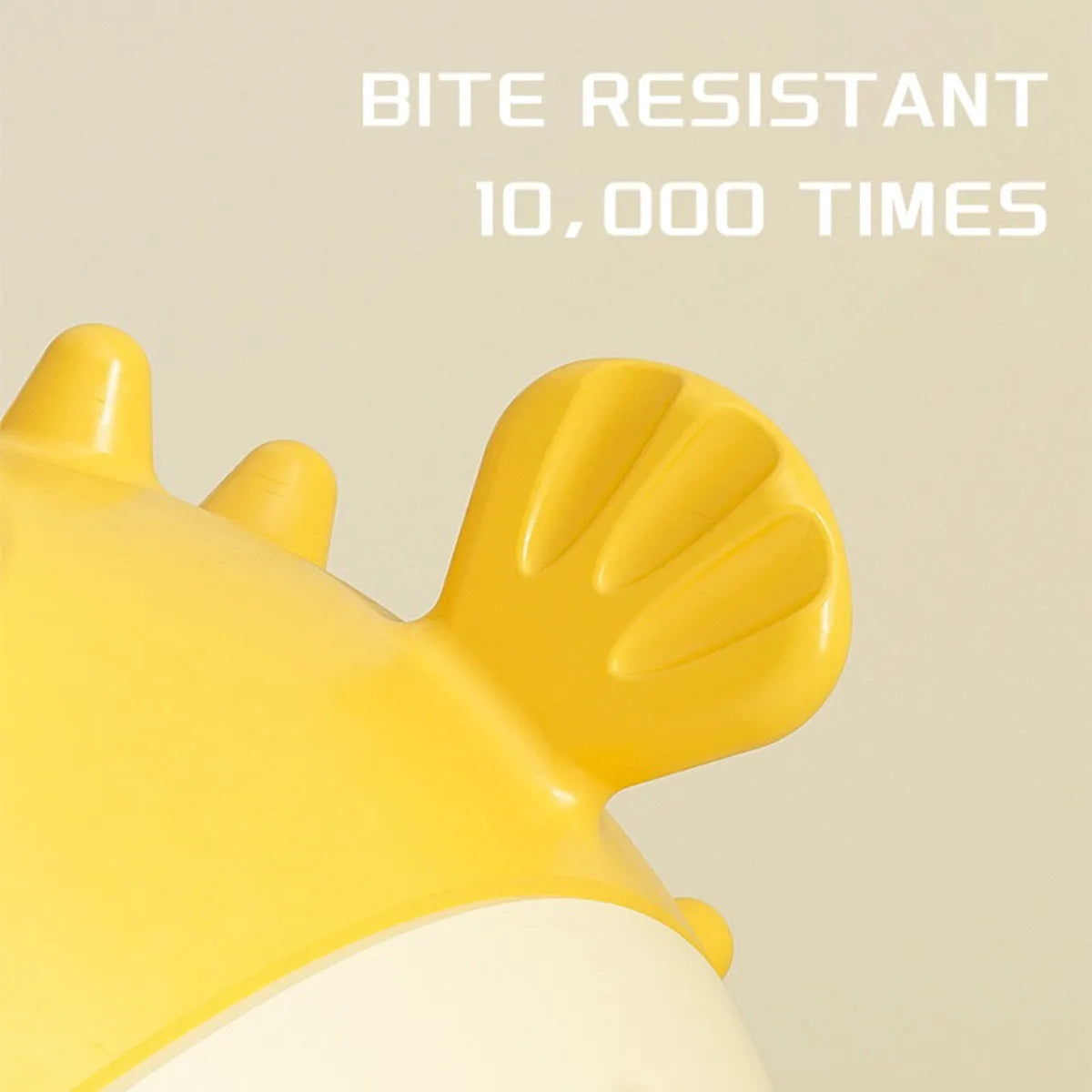 Yellow fish shaped vinyl dog chew toy with textured surface for teeth cleaning