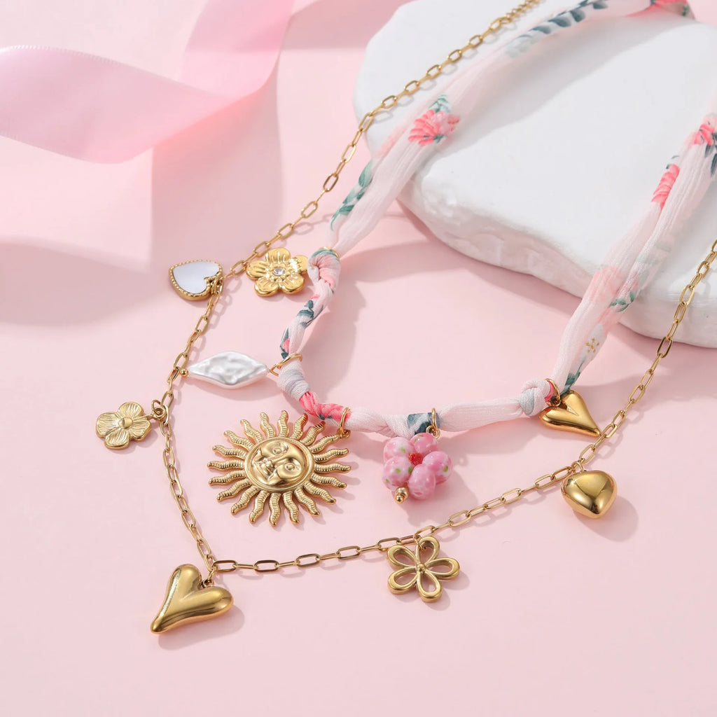 Stainless steel geometric pendant necklace with 18K gold electroplating on adjustable chain