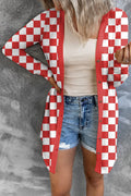 Long grey plaid cardigan coat with loose knit and regular sleeves on a model.