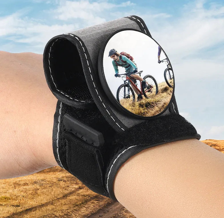Black nylon bicycle rear-view mirror for wrist mounting during cycling