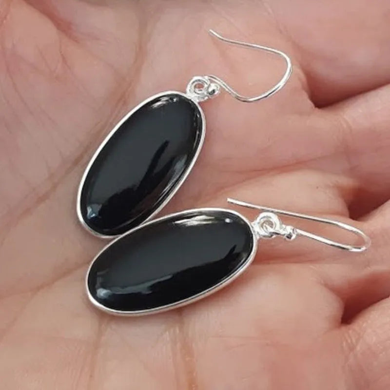 Women's black agate oval pendant earrings with 925 silver geometric design and electroplated alloy construction