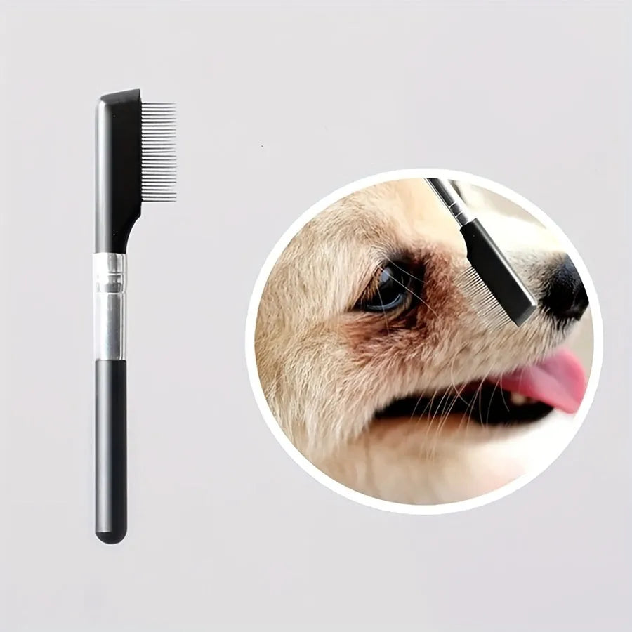 Black pet grooming brush with soft bristles for eye tear stain removal and comb attachment for dogs and cats