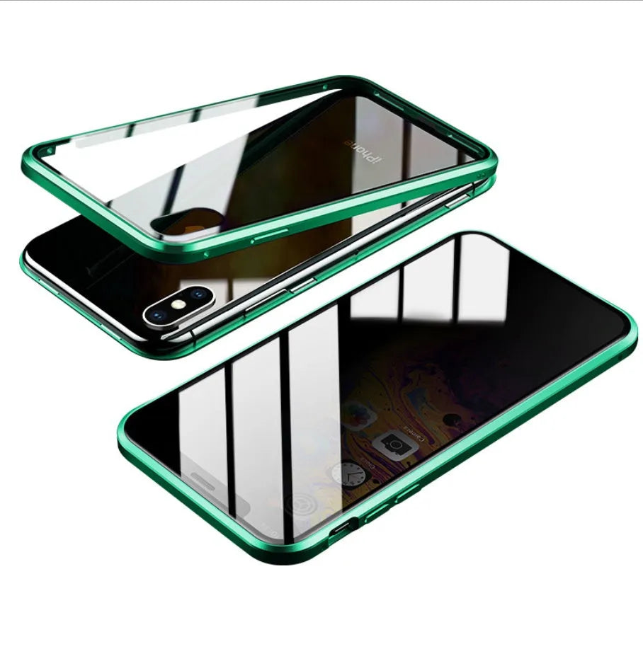 Glass anti-spy iPhone case with clamshell cover shown in black, silver, red, gold, green, and blue colour options.