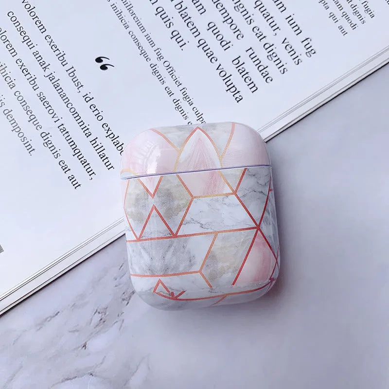 Hard white marble protective case cover for Apple AirPods 1 and AirPods 2 charging case.