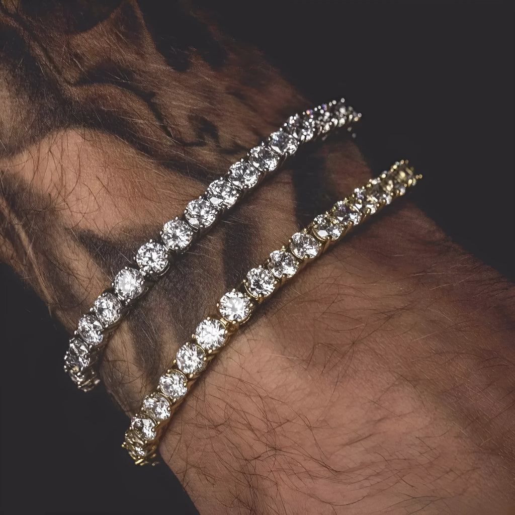 Men's silver alloy hip hop bracelet with a row of clear rhinestones and a tennis charm on a link chain.