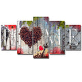 Red oil painting canvas wall art set showing five unframed canvases in coordinated sizes