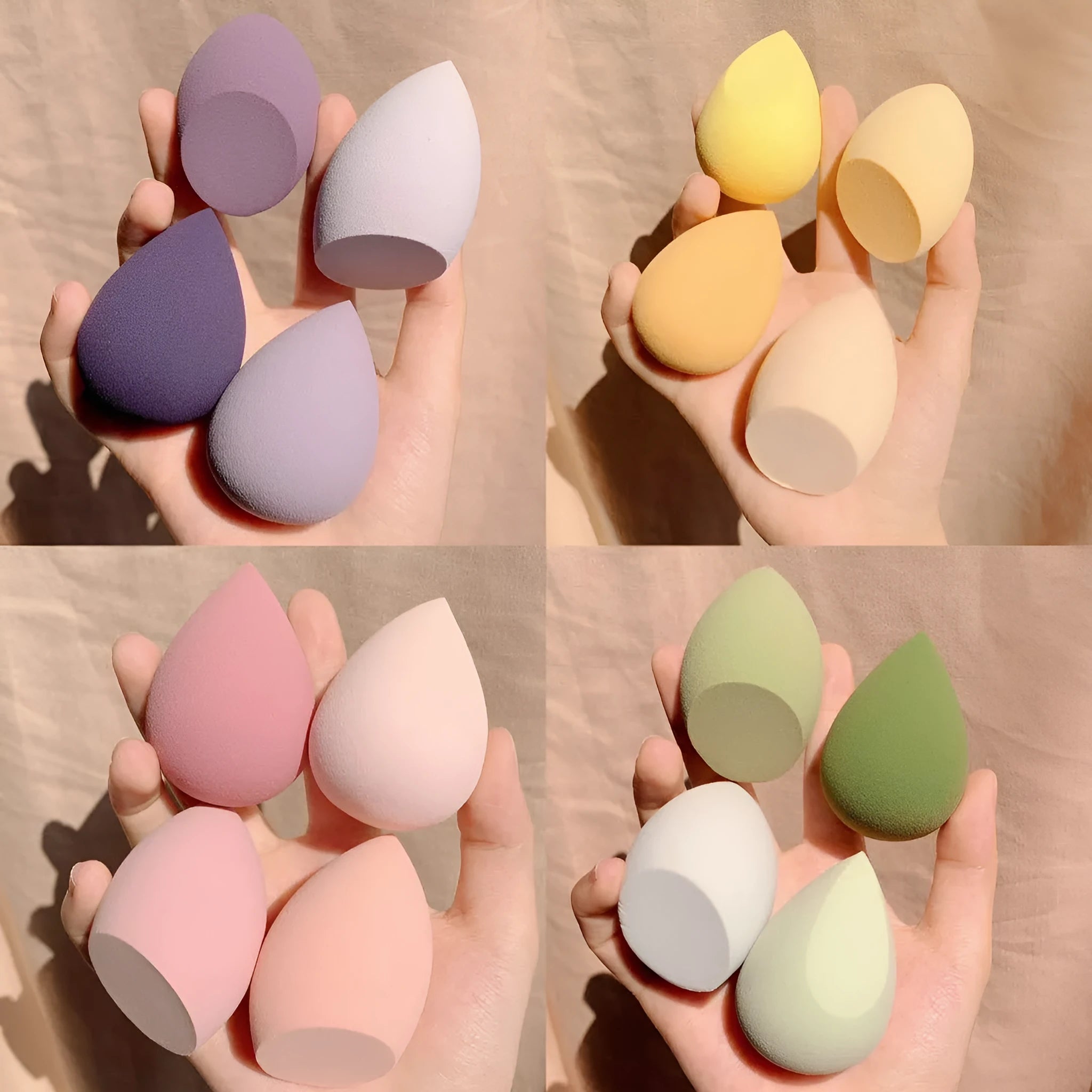 Set of four coloured makeup egg sponges (grape, mango, mint, peach) shown next to a 6cm cube for scale.