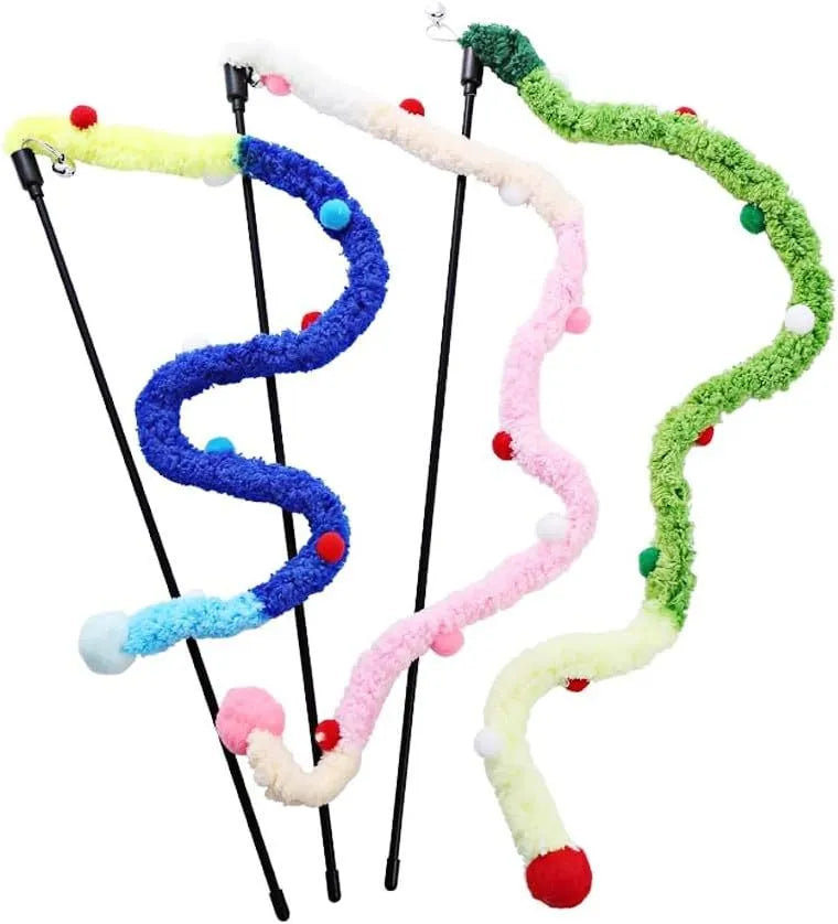 Interactive cat wand toy with a long blue plush strip, fluffy ball, and bells on a stick.