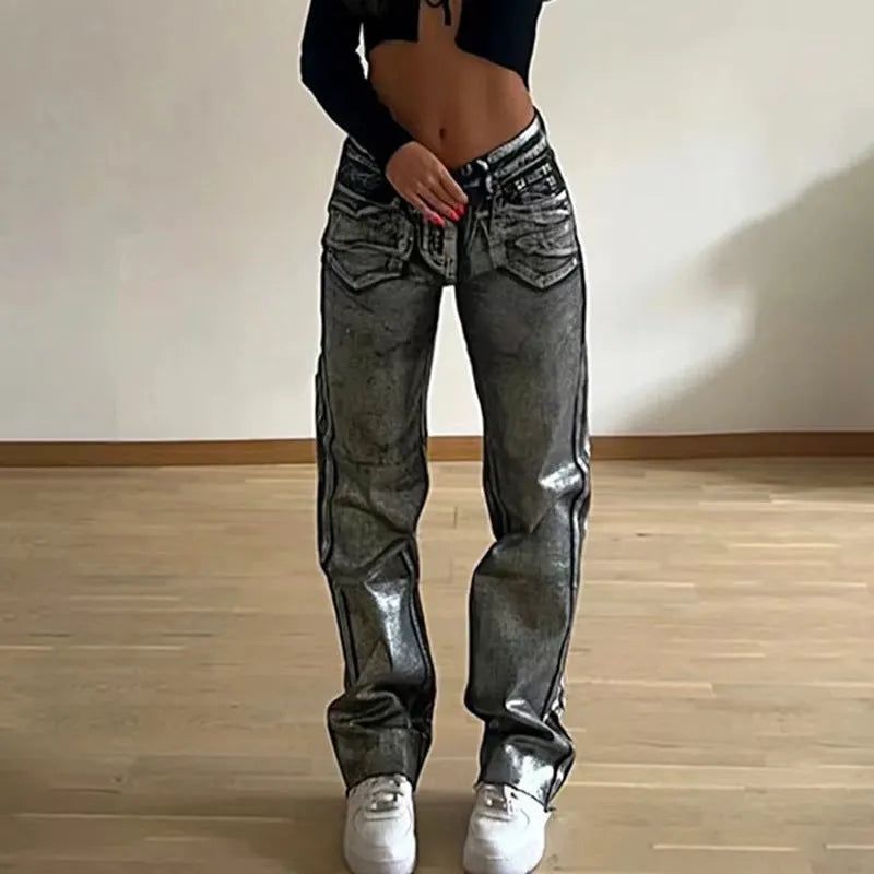 Women's washed blue high waist straight leg jeans with contrast detailing and street hipster style
