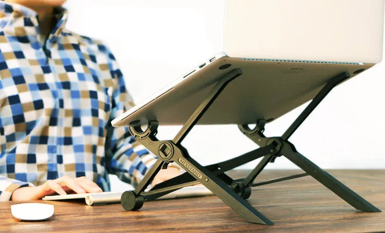 Black folding laptop stand with adjustable height mechanism and reinforced nylon construction