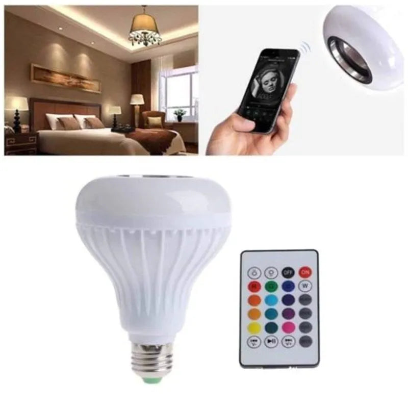 White smart LED bulb with Bluetooth speaker and remote control showing E27 screw base