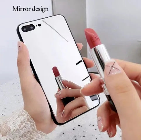 Black iPhone case with a reflective mirror surface on the back, compatible with iPhone X, 7, and 8 Plus.