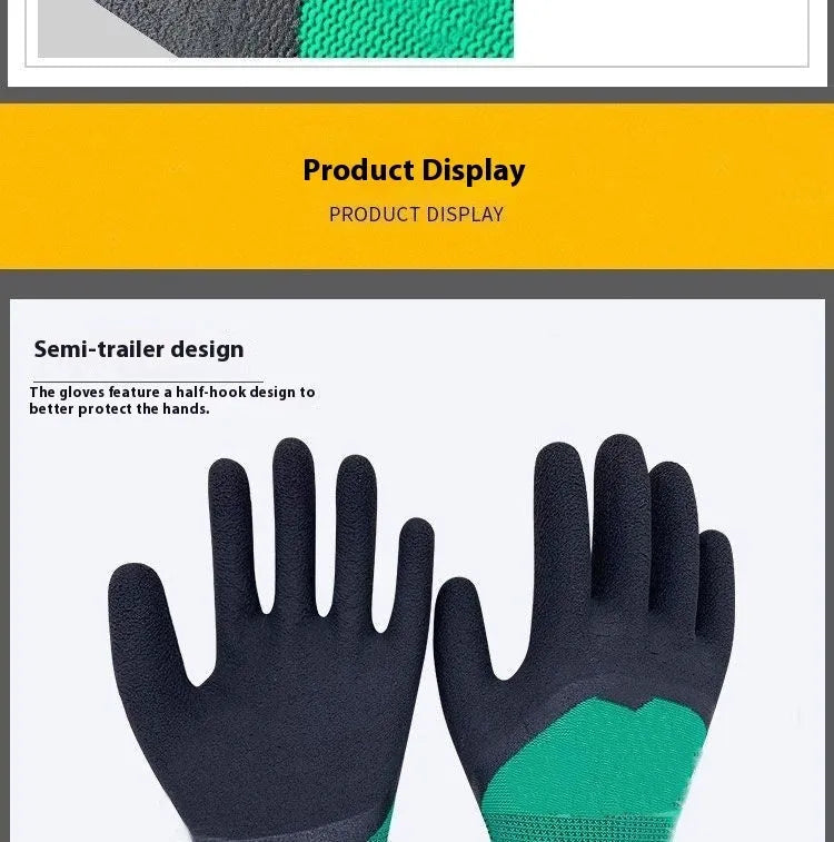 A pair of black and green rubber work gloves with a textured, non-slip surface.
