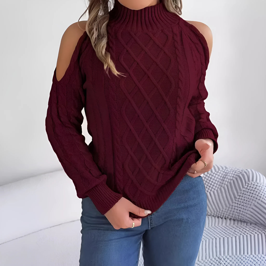 Women's twisted pattern strapless sweater with half-high collar and lantern sleeves in acrylic fabric
