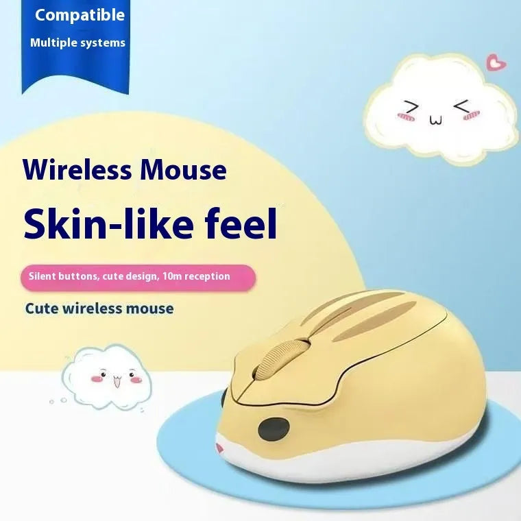 Hamster Bluetooth wireless mute computer mouse in yellow, pink, and grey colour options on a desk.