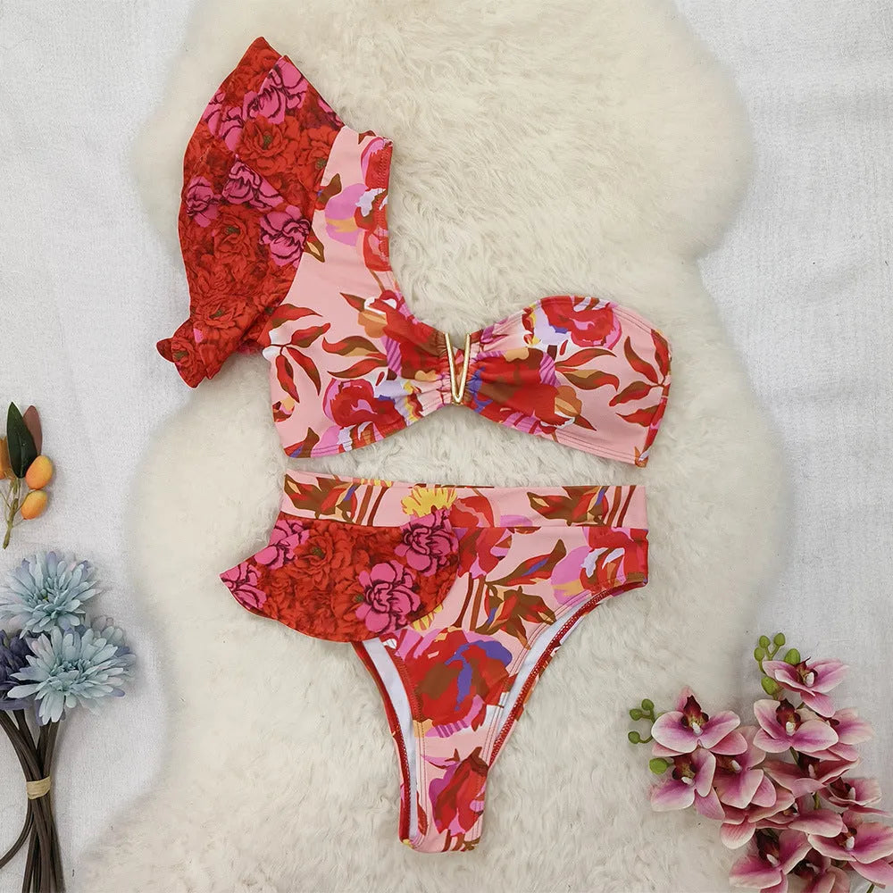 Pink floral print one-shoulder ruffled high-waist women's bikini swimsuit