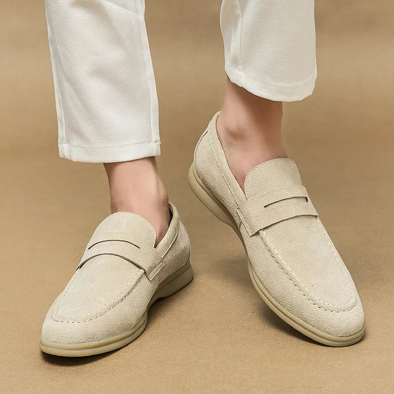 Men's black leather slip-on casual shoes with round toe and rubber sole