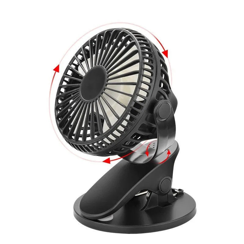 White USB rechargeable clip-on desk fan with plastic blades mounted on a surface edge.