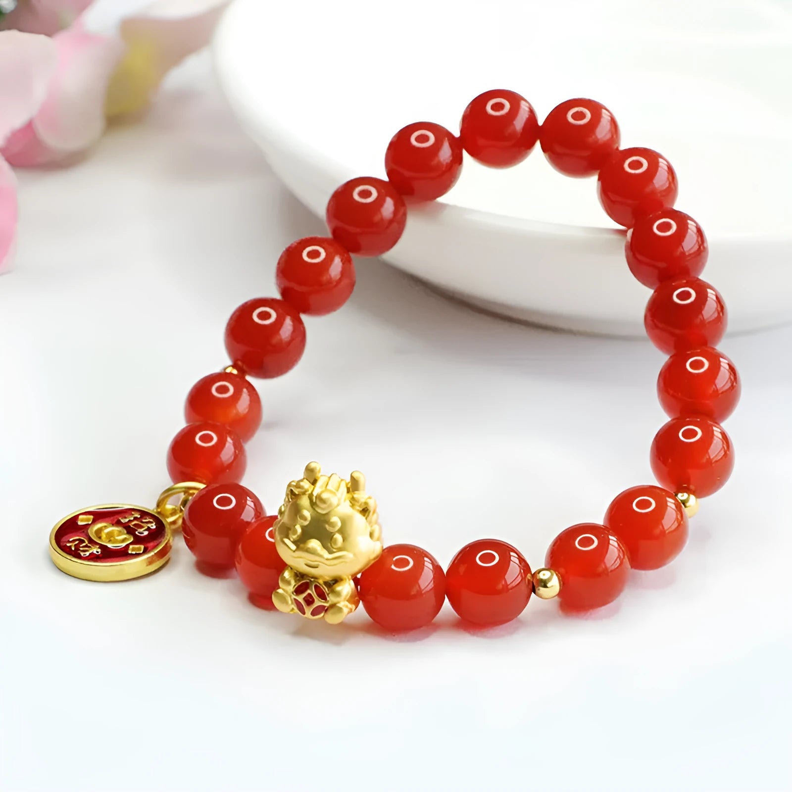Red agate dragon zodiac bracelet with 8mm beads in traditional Chinese style