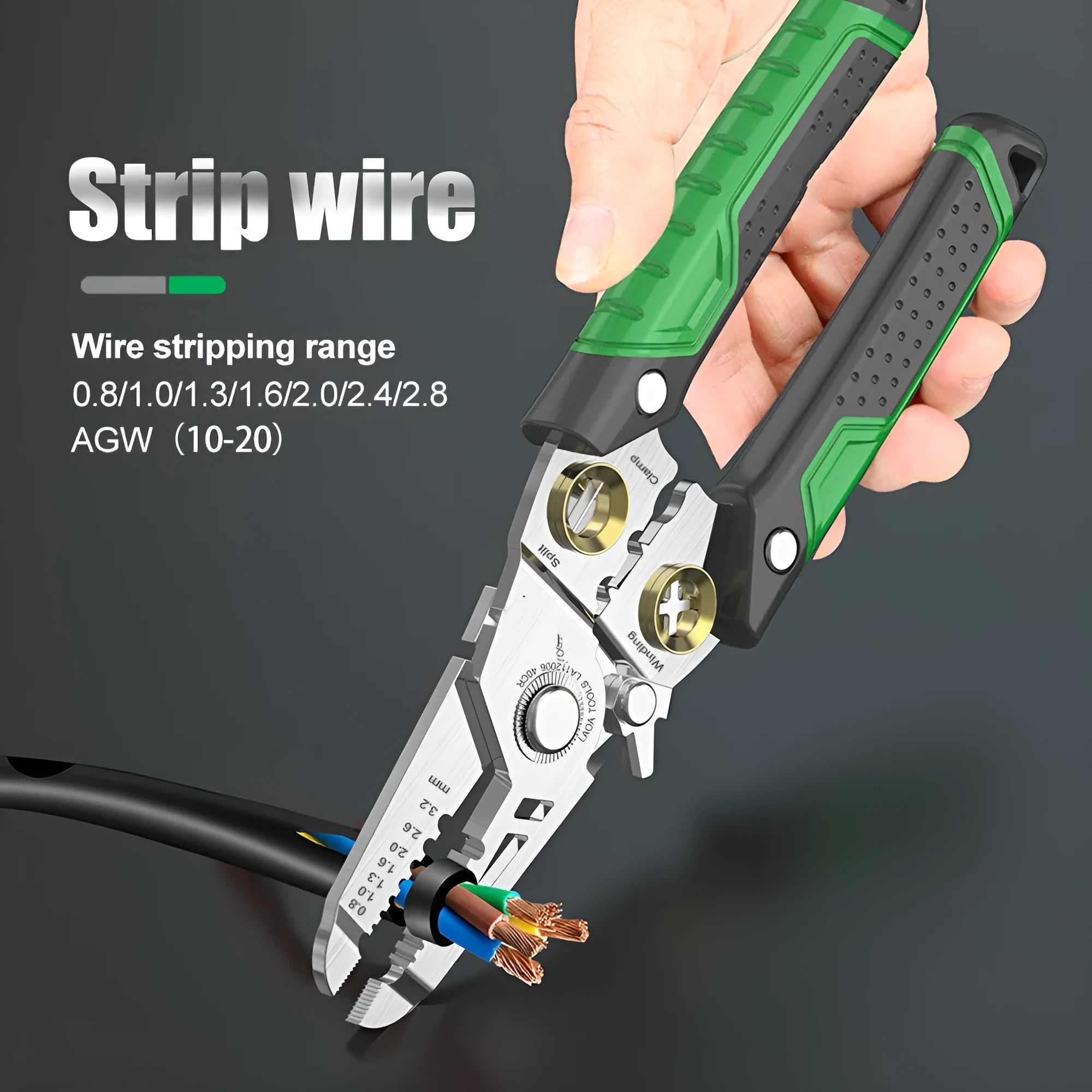 Stainless steel wire stripper tool with seven stripping apertures and two-colour handle