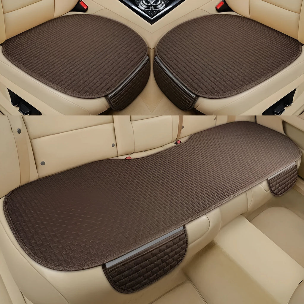 Linen car cushion with hemmed edges in plaid pattern for business vehicle seating