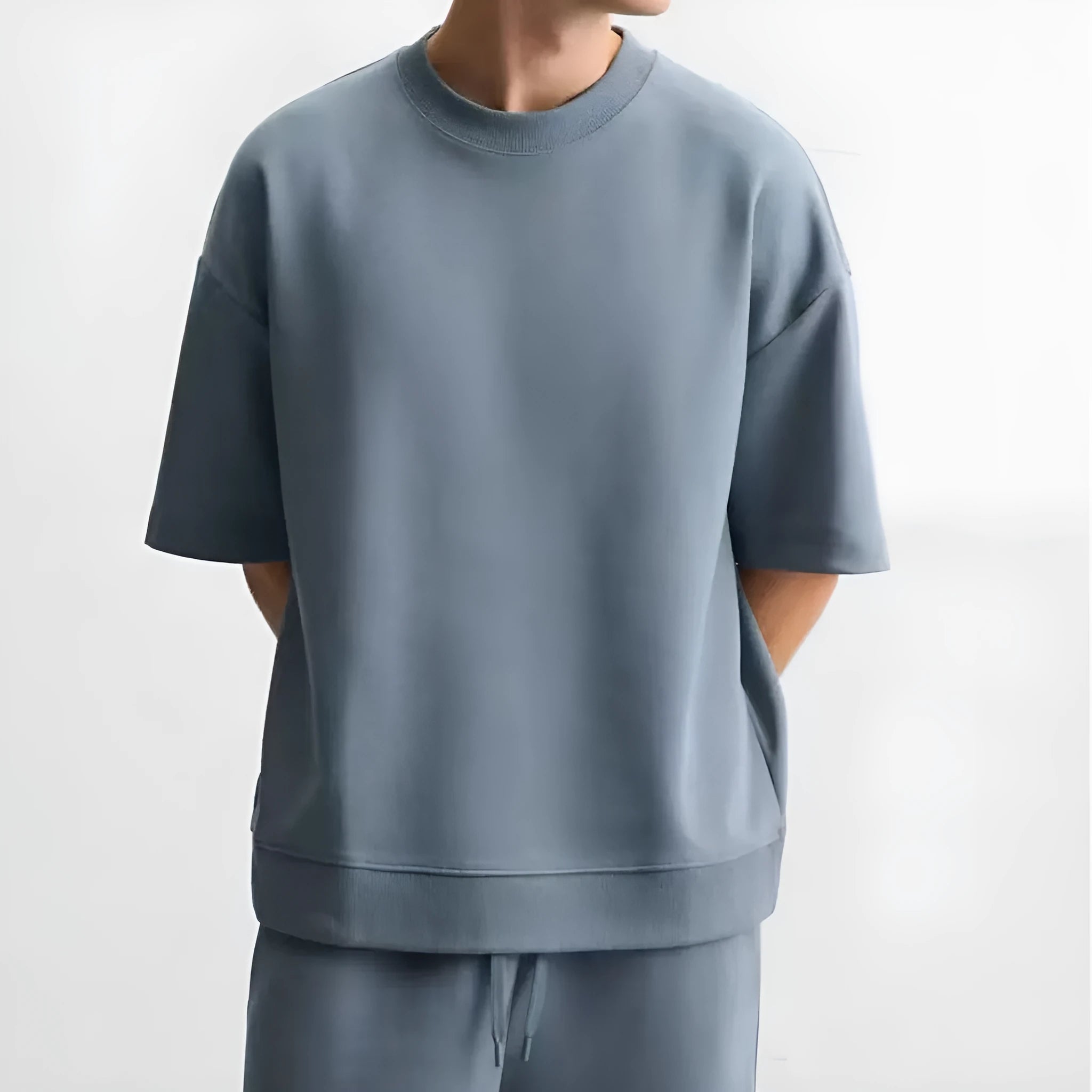Loose double-sided cloth texture short sleeve and shorts set in selected colour with round collar