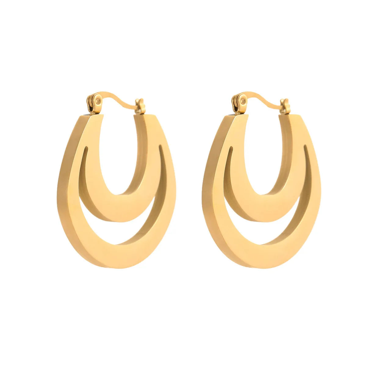 Geometric gold plated French earrings with round ring elements on stainless steel