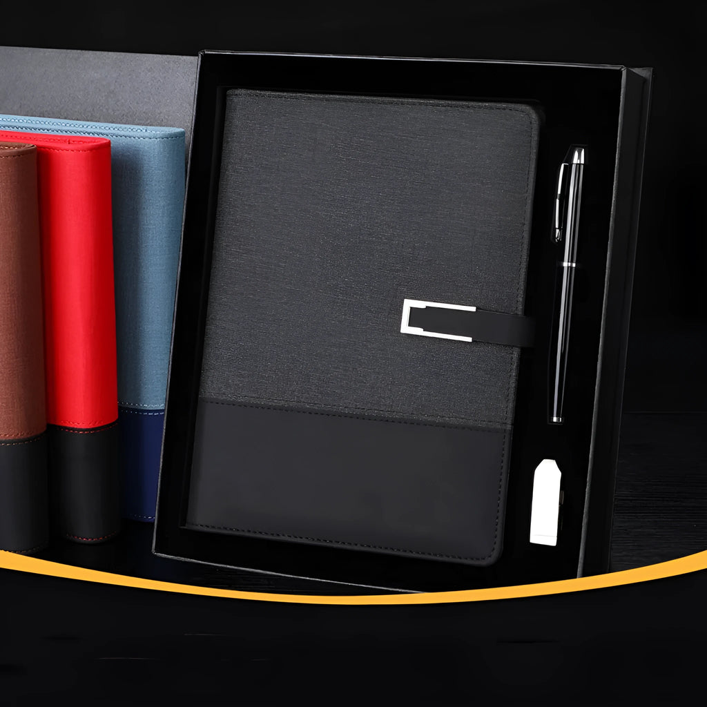 A5 thickening notebook with soft PU leather cover in brown, black, green, blue, or red, showing wood-free paper interior