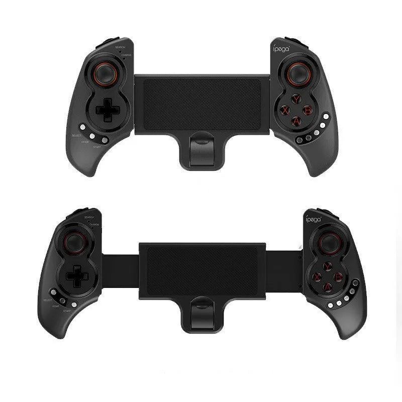 Wireless telescopic gamepad controller extended with smartphone showing ABS construction and control buttons