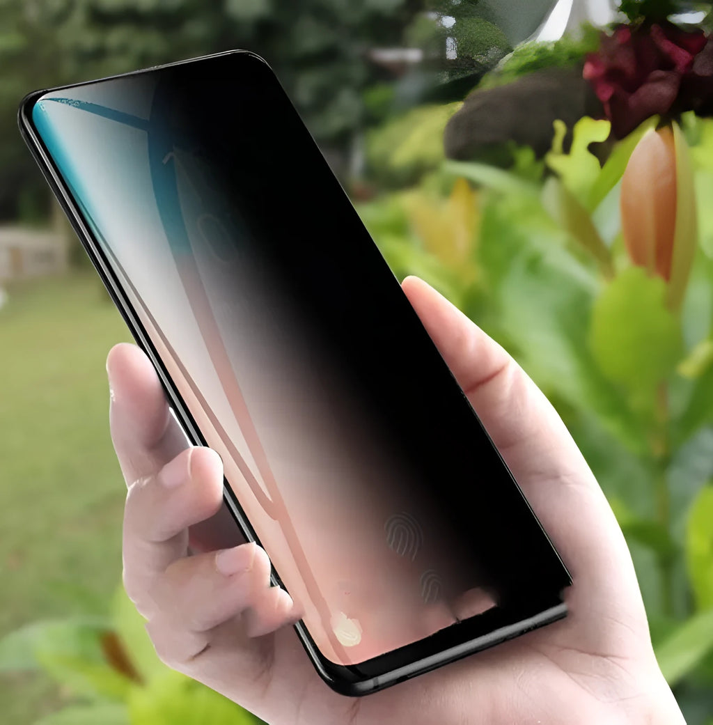 Full coverage tempered glass screen protector for Samsung Galaxy phones with anti-seeking surface.