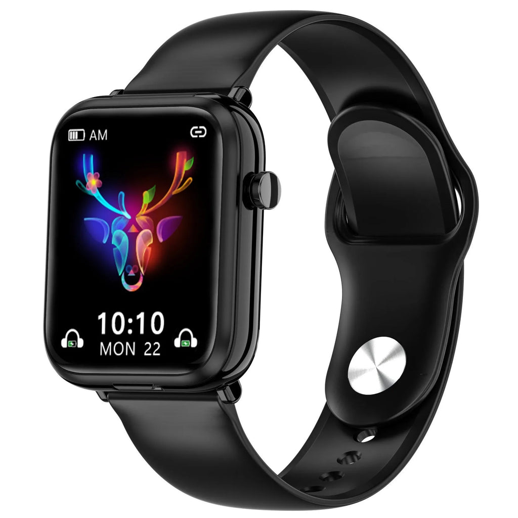 Black zinc-alloy smartwatch with 1.69-inch touchscreen, functioning as a Bluetooth headset and fitness tracker.
