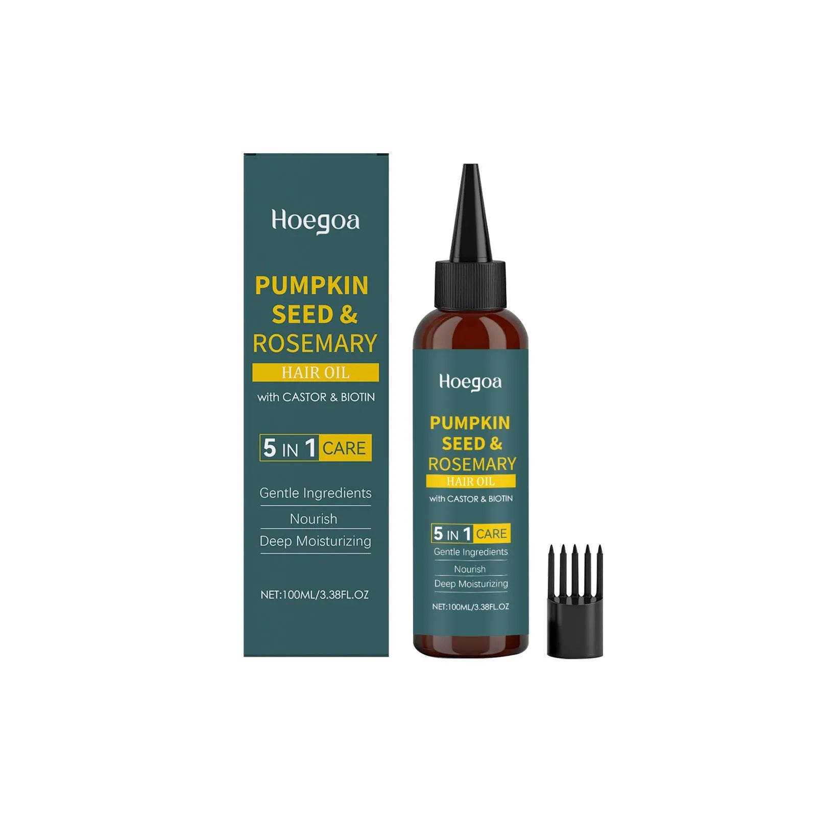 Rosemary hair essential oil 100 ml bottle with pointed applicator nozzle and black hair comb.