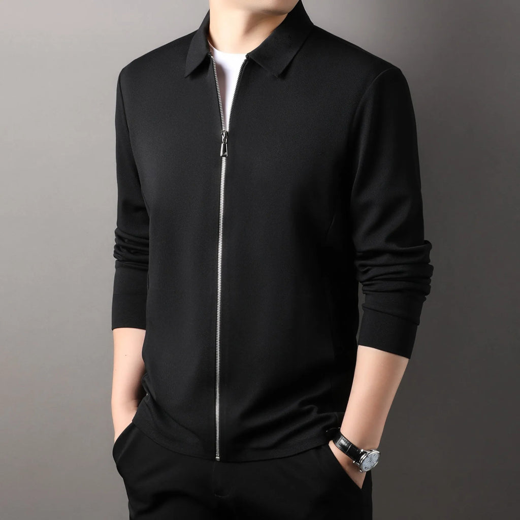 Men's apricot-coloured polyester business jacket with long sleeves and a straight hem on a hanger.