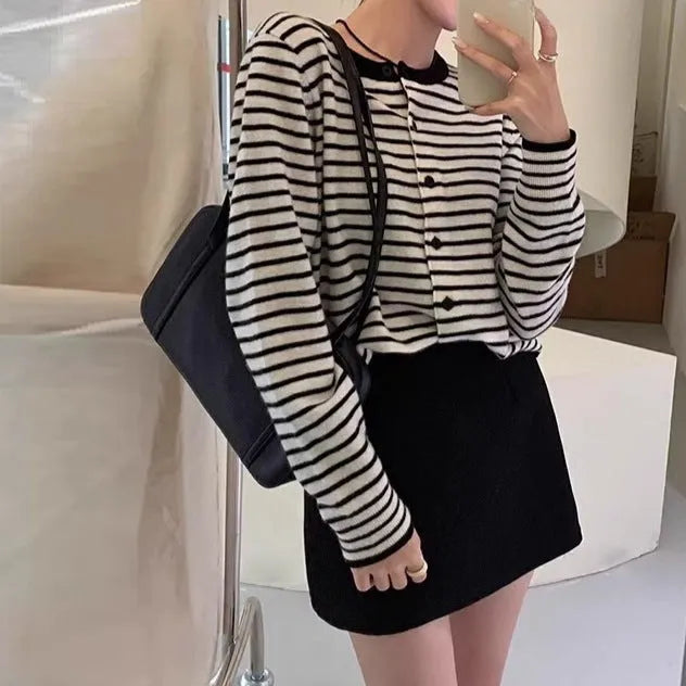 Women's dark grey and white striped cardigan coat with French style slim fit design