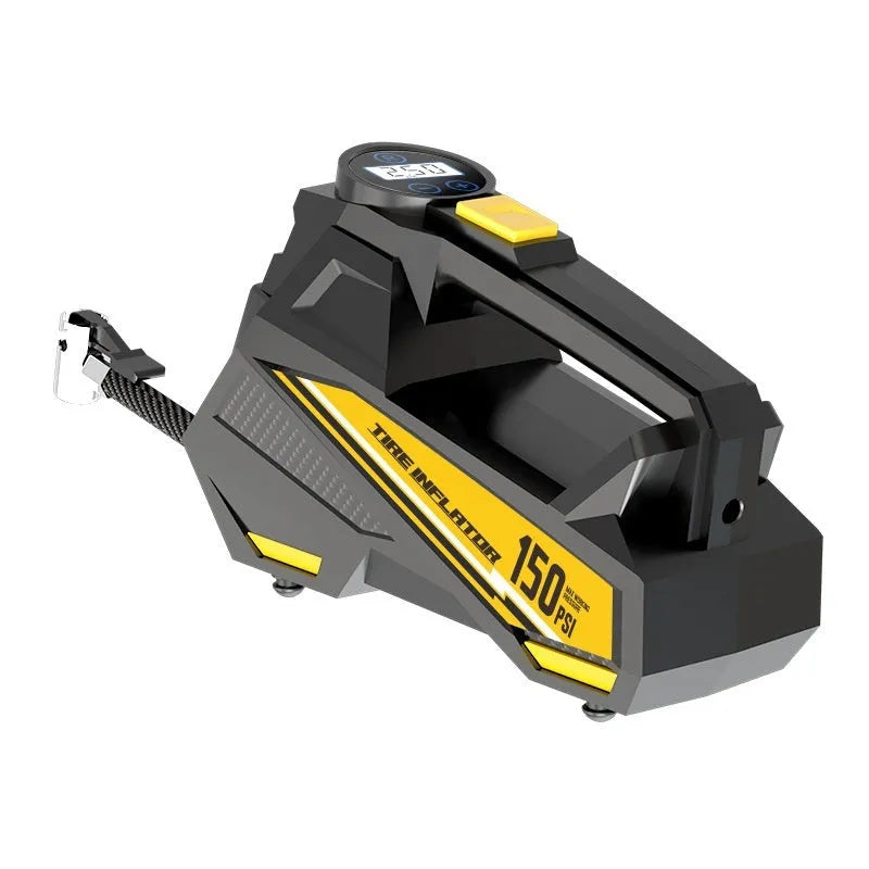Black portable tyre inflator with digital display and LED light for vehicle use