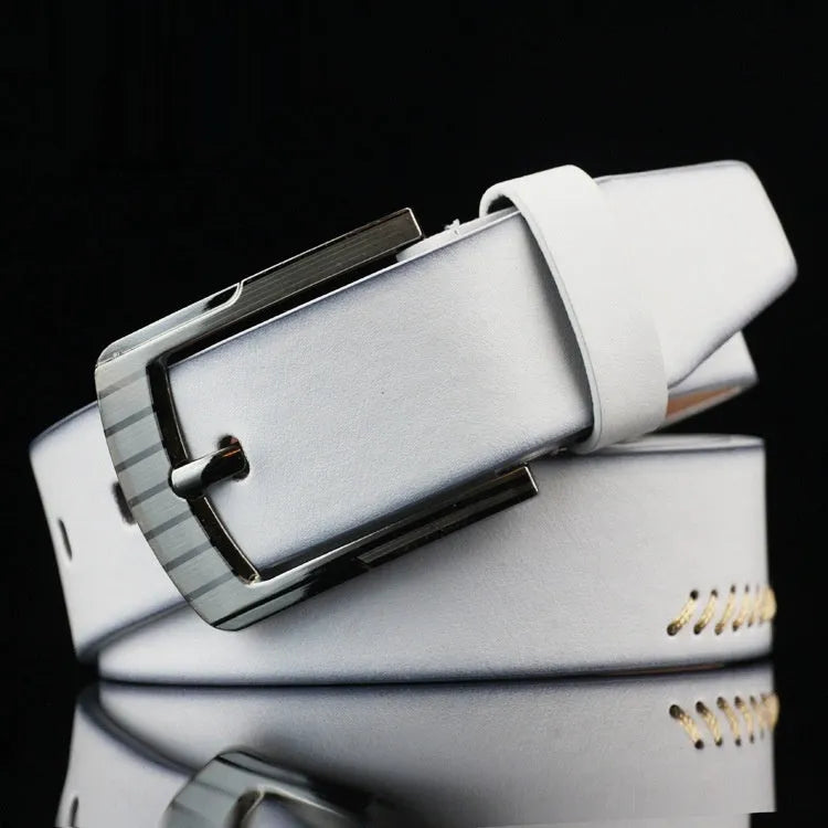 Men's retro-style casual belt with a pin buckle, shown in black, white, and brown colour options.