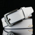 Men's retro-style casual belt with a pin buckle, shown in black, white, and brown colour options.